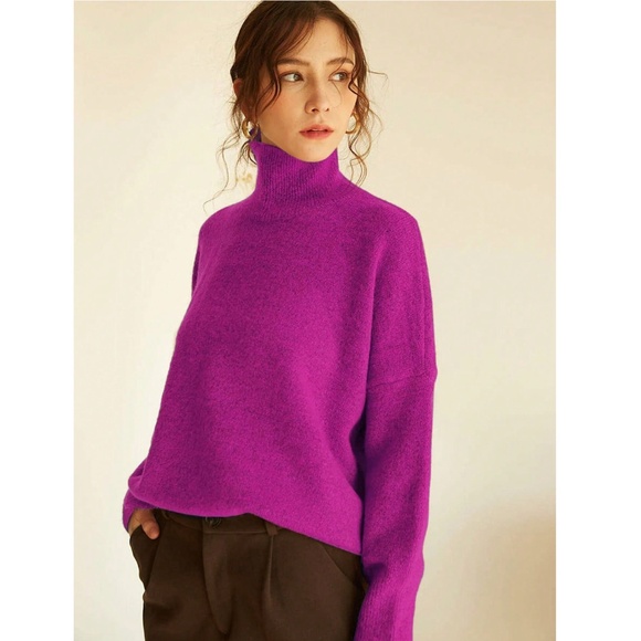 Fuchsia Knit Turtleneck Pullover Sweater Long Sleeve Drop Shoulder - Picture 8 of 14